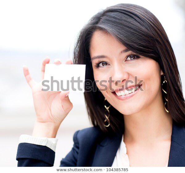 Friendly Woman Holding Business Card 600w 104385785
